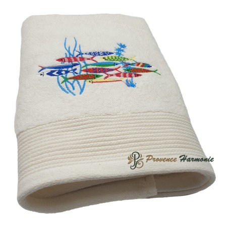 Ecru Bath Towel Embroidered Sardine Dance