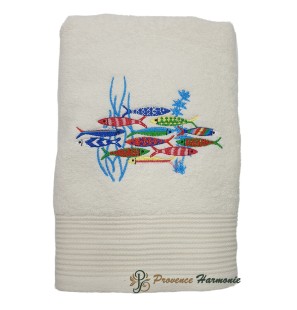 Ecru Bath Towel Embroidered Sardine Dance