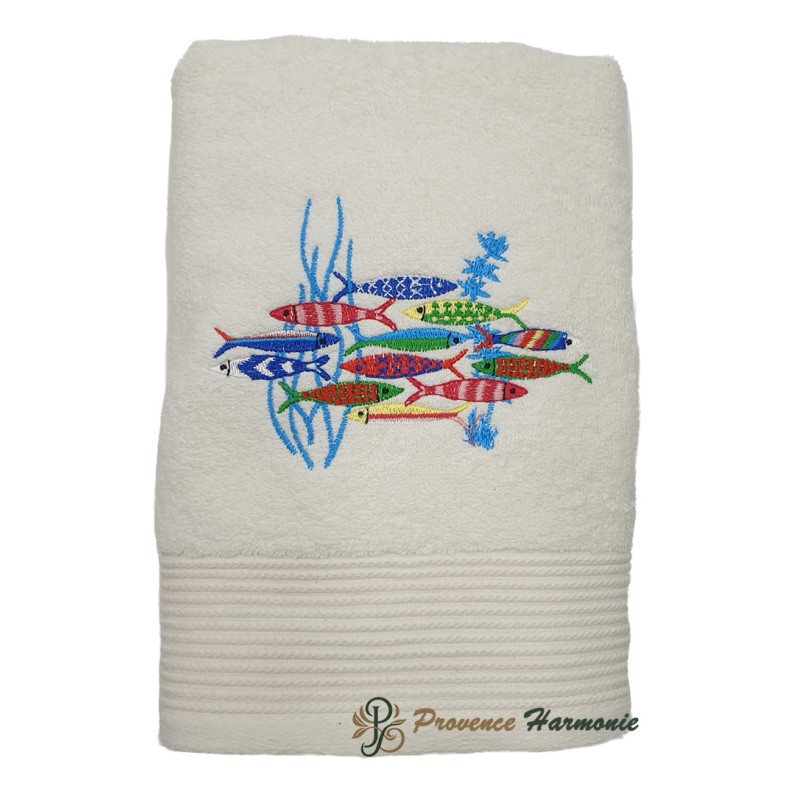 Ecru Bath Towel Embroidered Sardine Dance Ecru Bath Towel Embroidered Sardine Dance