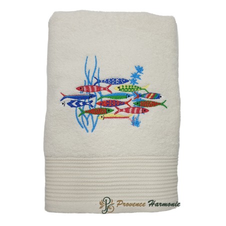 Ecru Bath Towel Embroidered Sardine Dance