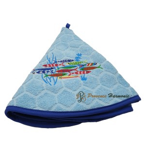 TOALLA RIZADO REDONDA AZUL CELESTE BORDADA BAILE SARDINA TEJIDO JACQUARD