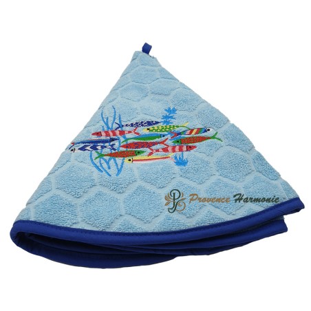 SKY BLUE ROUND TERRY TOWEL EMBROIDERED SARDINE DANCE JACQUARD WEAVE