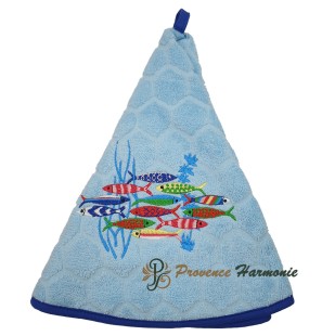 SERVIETTE ÉPONGE RONDE BLEU CIEL BRODÉE DANSE DES SARDINES TISSAGE JACQUARD