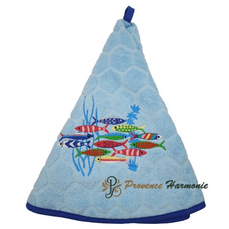 SKY BLUE ROUND TERRY TOWEL EMBROIDERED SARDINE DANCE JACQUARD WEAVE