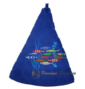 Serviette Éponge Ronde Bleu Roi Brodée Danse des Sardines