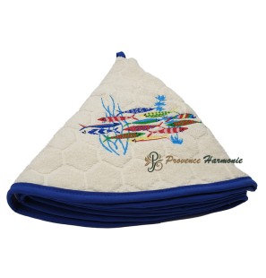 Serviette Éponge Ronde Écru Brodée Danse des Sardines