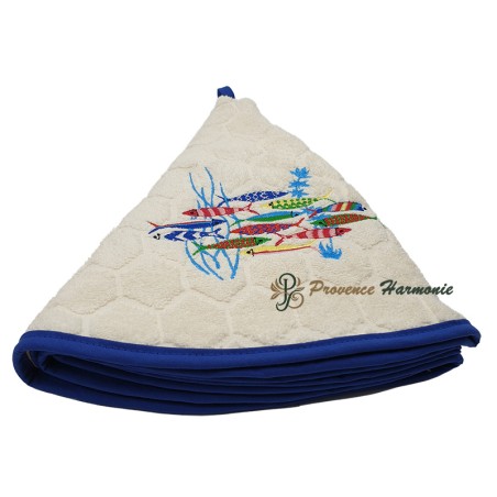 Serviette Éponge Ronde Écru Brodée Danse des Sardines