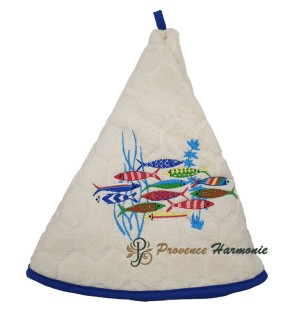 SERVIETTE ÉPONGE RONDE ÉCRU BRODÉE DANSE DES SARDINES TISSAGE JACQUARD