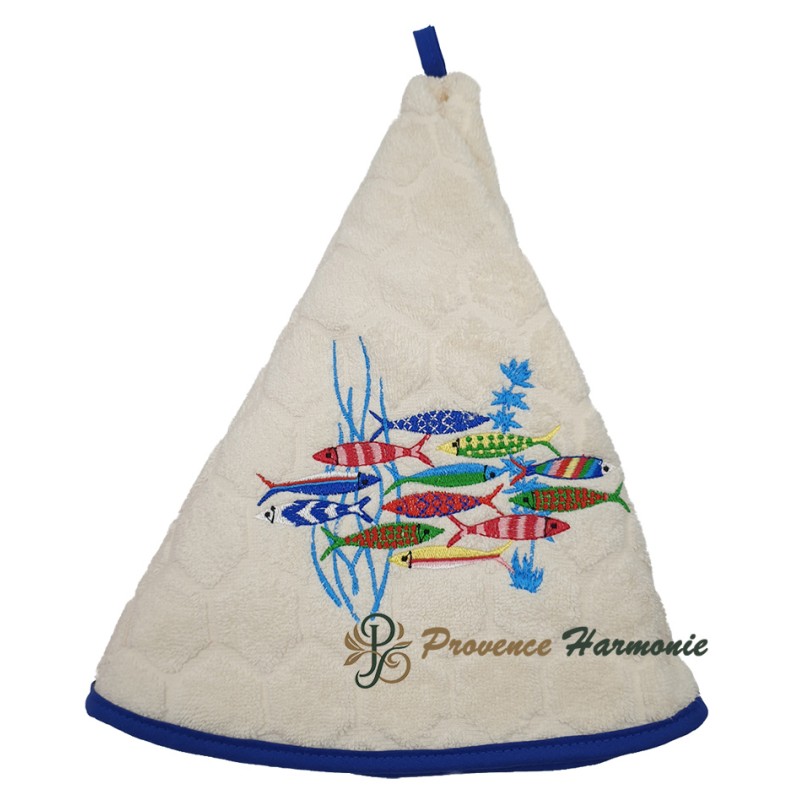 ROUND ECRU TERRY TOWEL EMBROIDERED DANCE OF SARDINES JACQUARD WEAVE