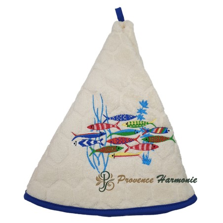 SERVIETTE ÉPONGE RONDE ÉCRU BRODÉE DANSE DES SARDINES TISSAGE JACQUARD