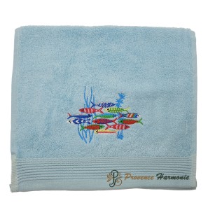 EMBROIDERED SARDINE DANCE SKY BLUE GUEST TOWEL