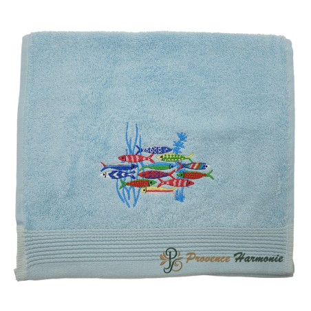 EMBROIDERED SARDINE DANCE SKY BLUE GUEST TOWEL