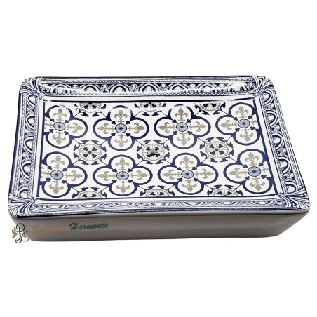 Jabonera rectangular con flores de lis en azul y gris