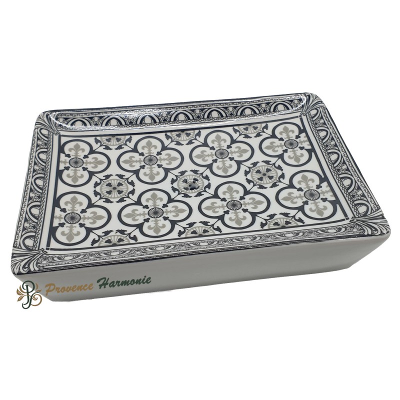 Porte savon rectangle Fleurs de lys couleur noir et gris